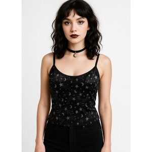 Y2K Vintage Women's Size Large Celestial Velvet Tank Top Space Star Moon AOP USA